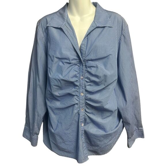 Lafayette 148 Top Plus Size 22 Blue White Stripe Ruched Button Up Long Sleeve - Picture 1 of 9